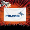 A white banner featuring the Polaris logo and a blue star design, set against an orange background with radiating lines.