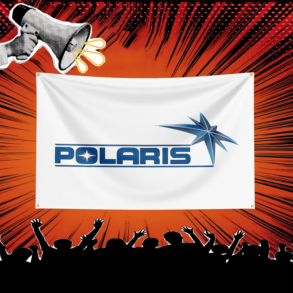A white banner featuring the Polaris logo and a blue star design, set against an orange background with radiating lines.