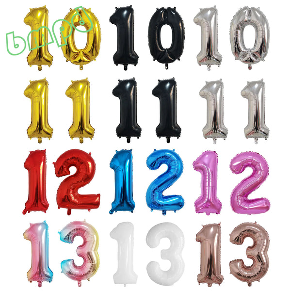 A collection of rose gold, black, silver, and pink foil number balloons for birthday party decor.