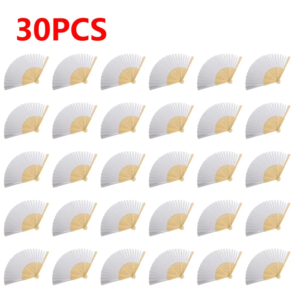 30 pieces of white and gold bamboo folding fans shown in various angles