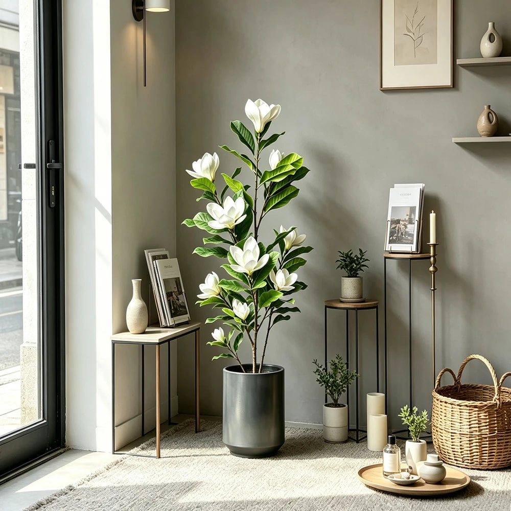 A tall artificial magnolia tree with white silk flowers in a dark pot displayed indoors.
