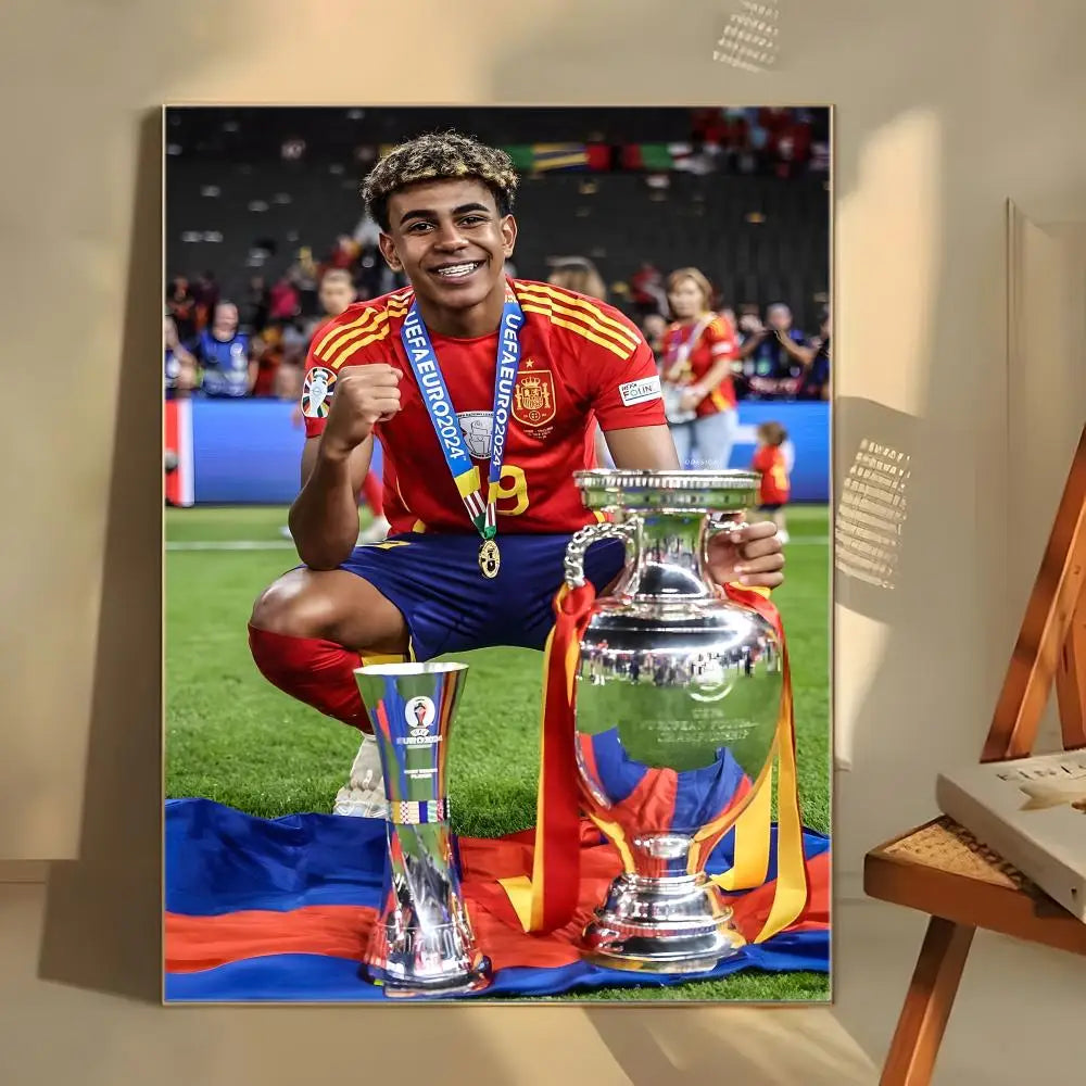 A portrait of Lamine Yamal celebrating with a trophy on a soccer field.