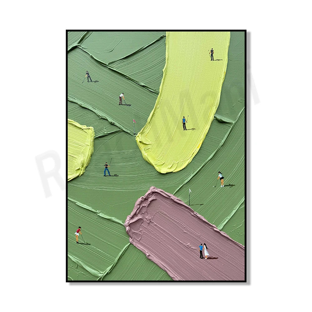 Abstract golf scene canvas art depicting figures playing golf on a green, undulating landscape.
