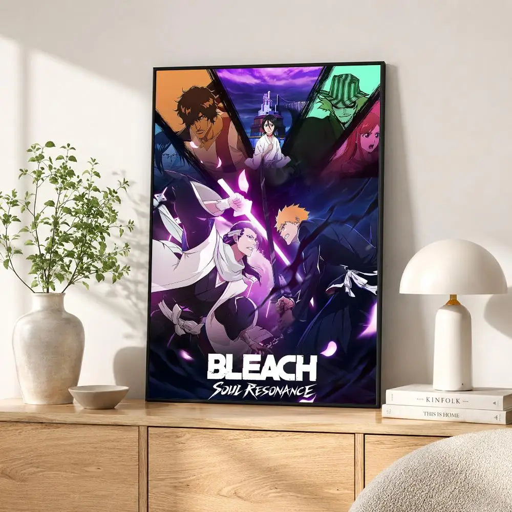 A poster featuring characters from the anime Bleach Soul Resonance displayed on a wooden shelf.