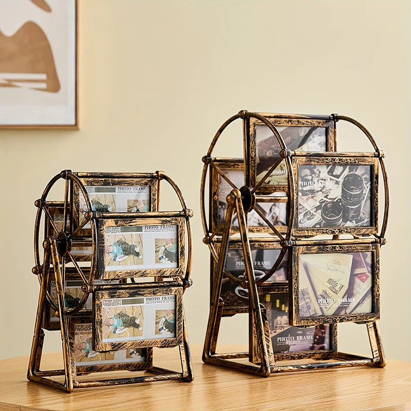 A set of vintage resin rotating photo frames displayed on a wooden surface.