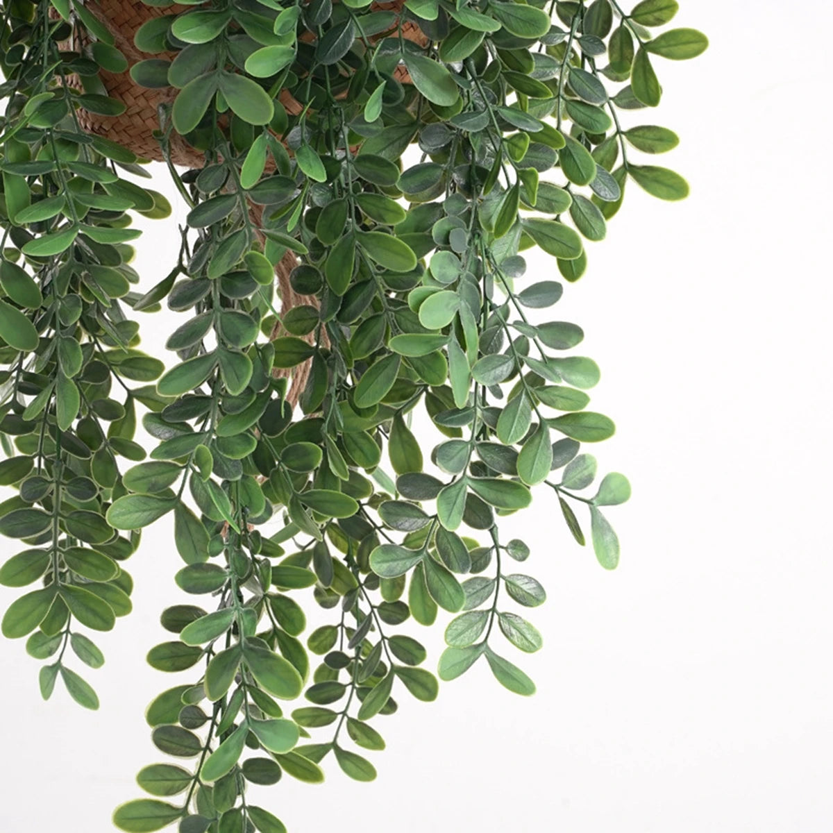 Green artificial ivy vine hanging from a natural fiber support for home and garden decoration