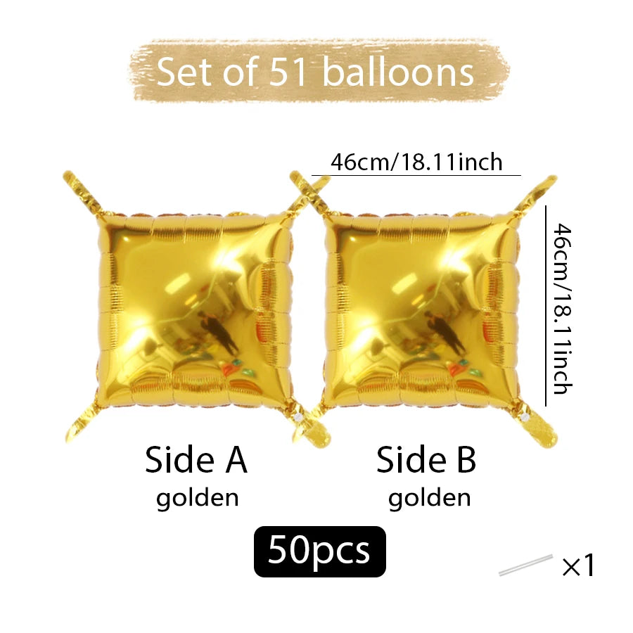 Set of 51 golden square foil balloons, Side A and Side B panels, measuring 46cm/18.1inch each.