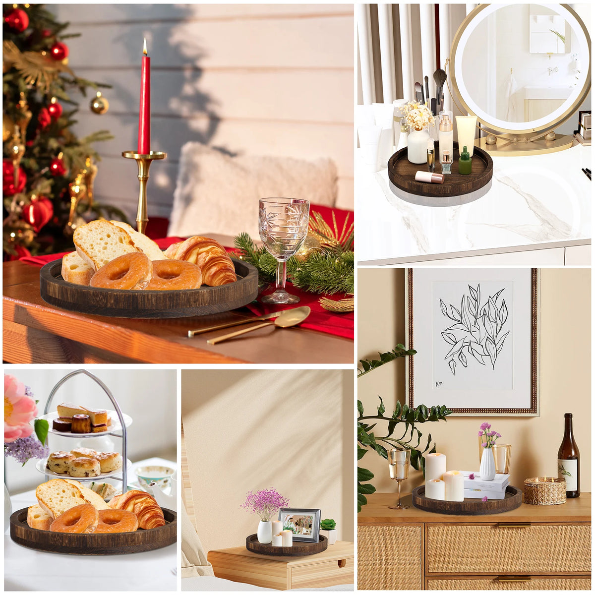 A collection of baked goods and decorative items displayed on a wooden serving tray.