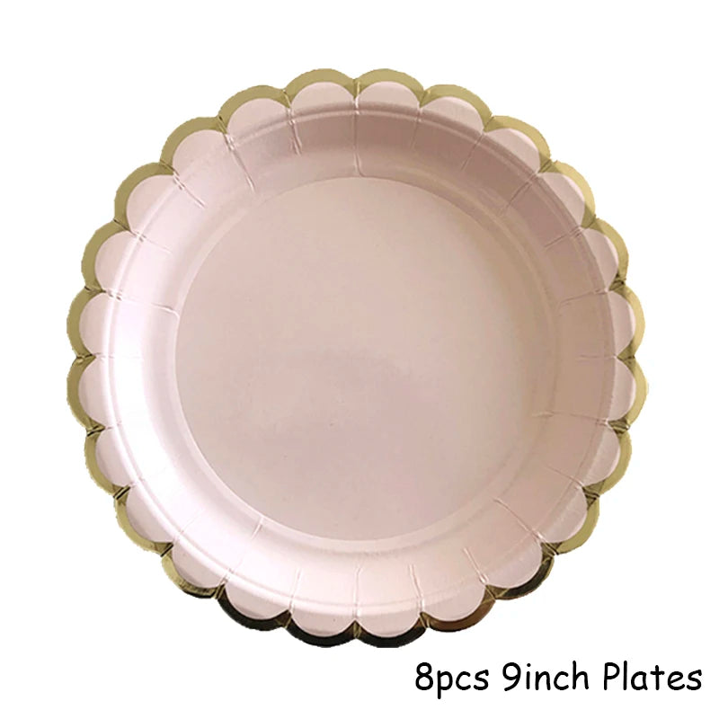 Eight 9-inch pink plates with gold trim for disposable party use