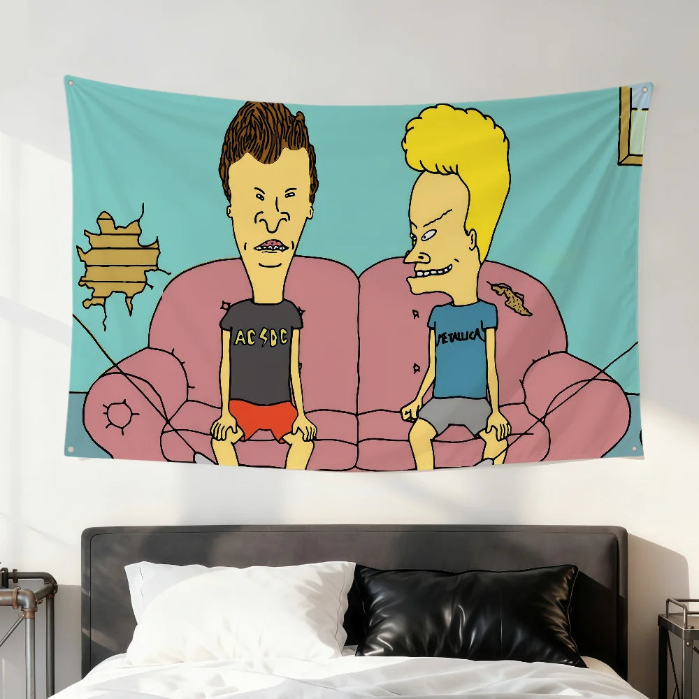 A flag featuring Beavis and Butt-Head characters in a cartoon style on a light blue background