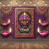 A vibrant purple and gold backdrop featuring a large lotus design and glowing candles for Diwali celebrations.