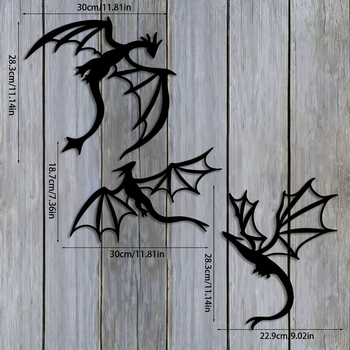 Set of three black dragon metal wall art panels with various sizes and wing designs