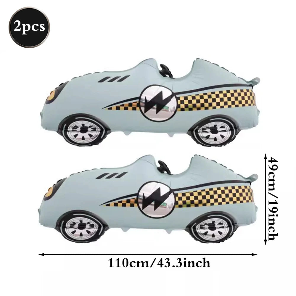 Light blue race car traffic light balloon set with black and yellow checkered pattern