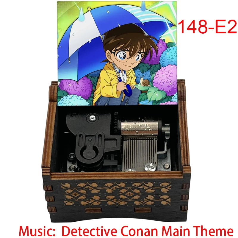A wooden music box featuring an illustration of a Detective Conan character under an umbrella.