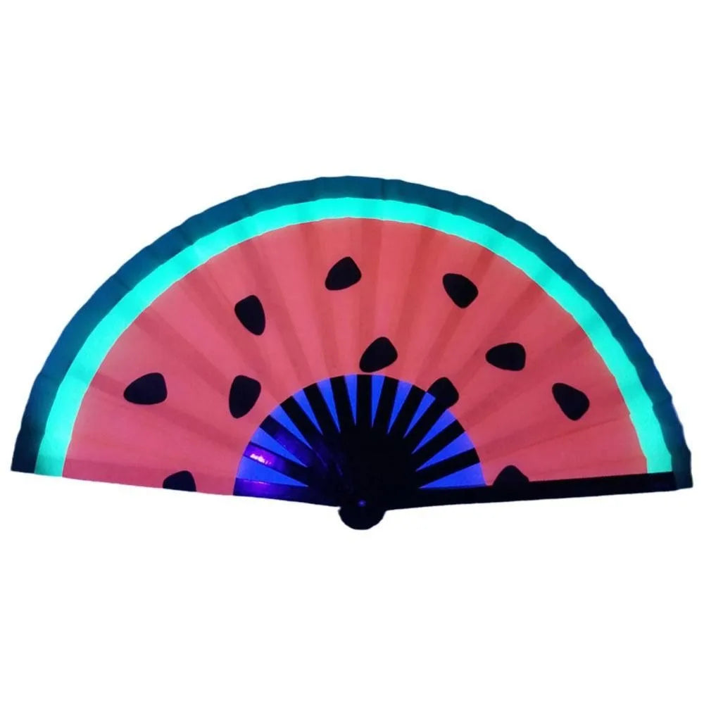 UV fluorescent handheld folding fan with pink and blue light patterns