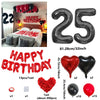 A set of red and black balloons including a 25-inch number balloon, heart balloons, and solid colored balloons.