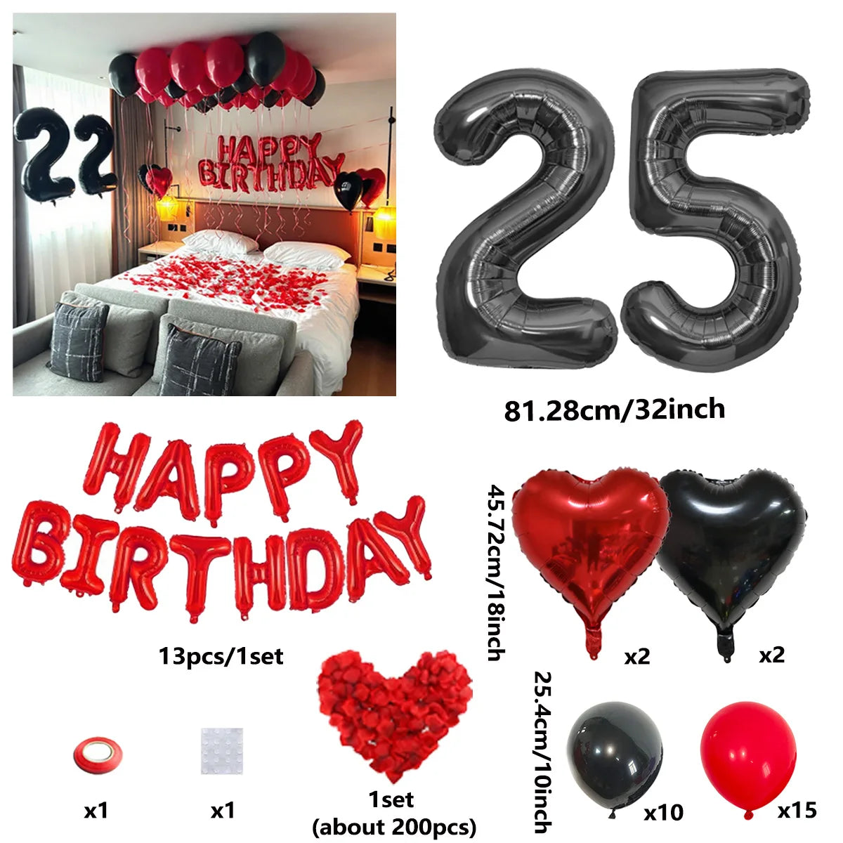 A set of red and black balloons including a 25-inch number balloon, heart balloons, and solid colored balloons.