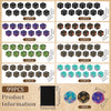 A collection of 99 acrylic plus and minus dice in various colors and sizes, packaged in sets of 12 pieces.