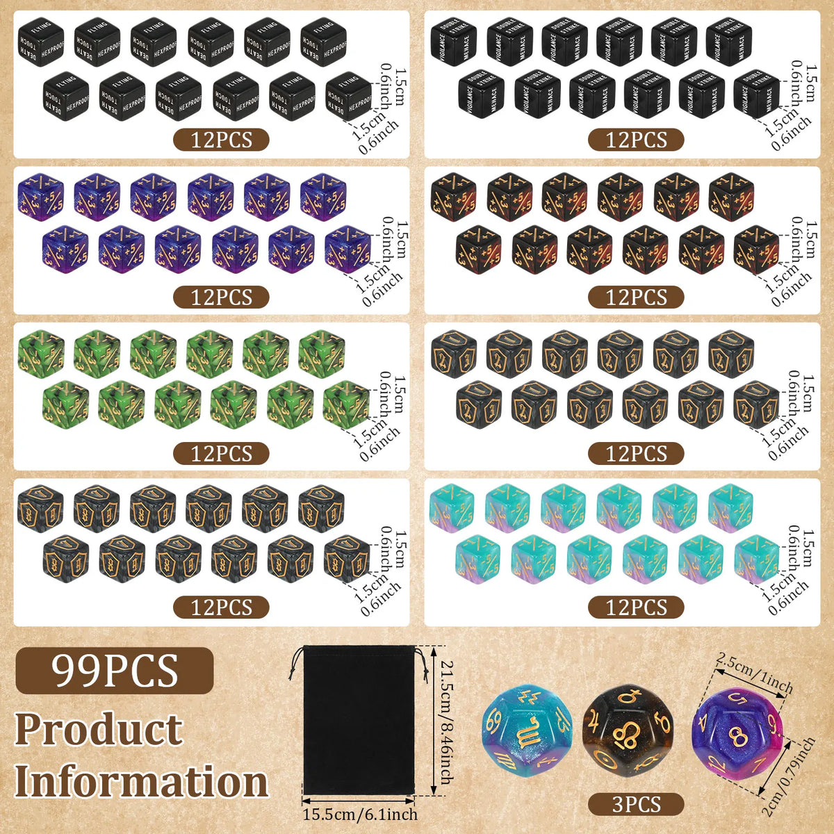 A collection of 99 acrylic plus and minus dice in various colors and sizes, packaged in sets of 12 pieces.