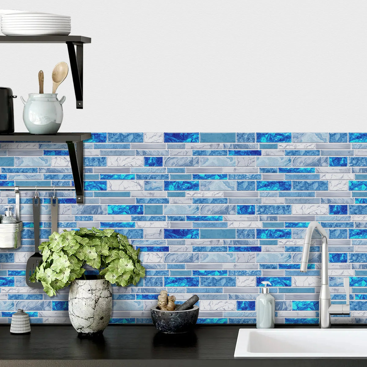 Blue and white marble tile wall sticker covering a kitchen or bathroom wall.