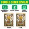 Front and back views of a double-sided display featuring a vintage garden flag design with a sun and a tortoise.