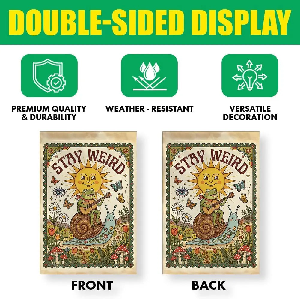 Front and back views of a double-sided display featuring a vintage garden flag design with a sun and a tortoise.
