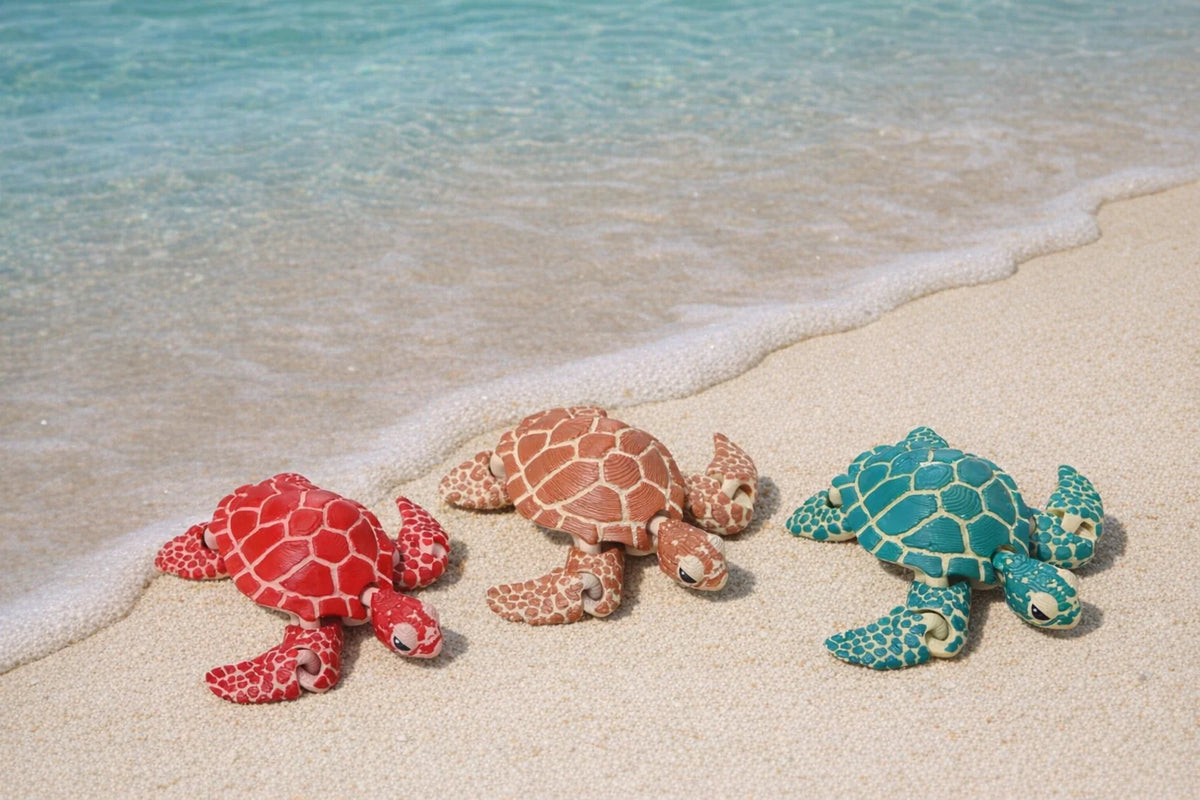 Three 3D printed articulated turtle figurines resting on a sandy beach near clear blue water.