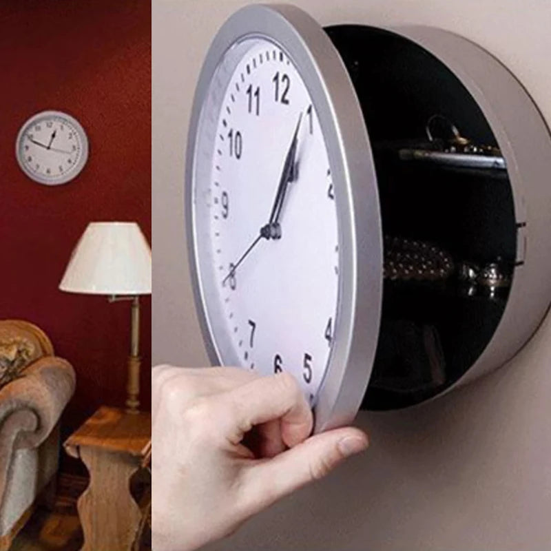 A close-up of a silver clock with a white face and black hands is displayed next to a vintage wood grain storage box.