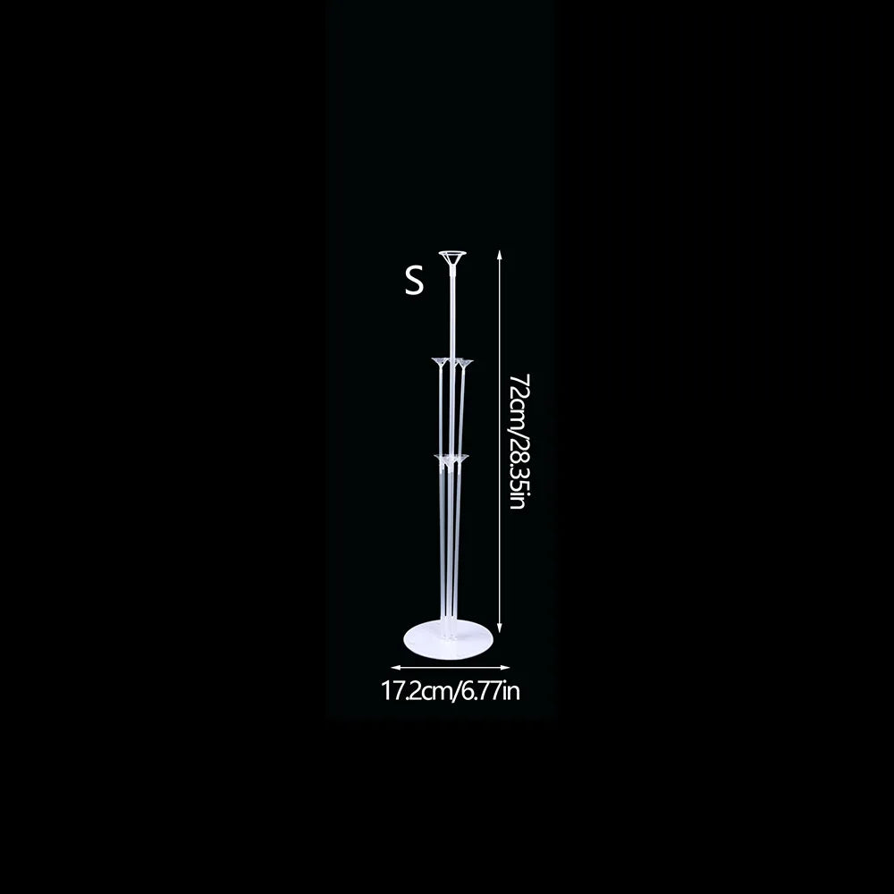 A tall, clear adjustable balloon stand with a base and pole shown vertically.