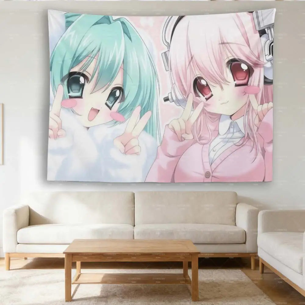 A pink-haired anime girl with green hair making a peace sign is featured on a tapestry.