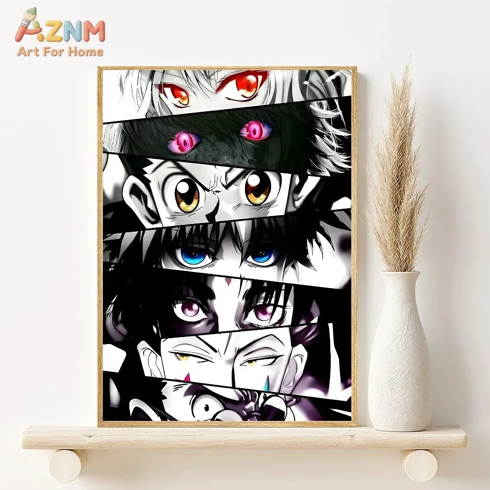 Canvas wall art featuring Gon, Killua, and Hisoka characters in a dark, stylized illustration.