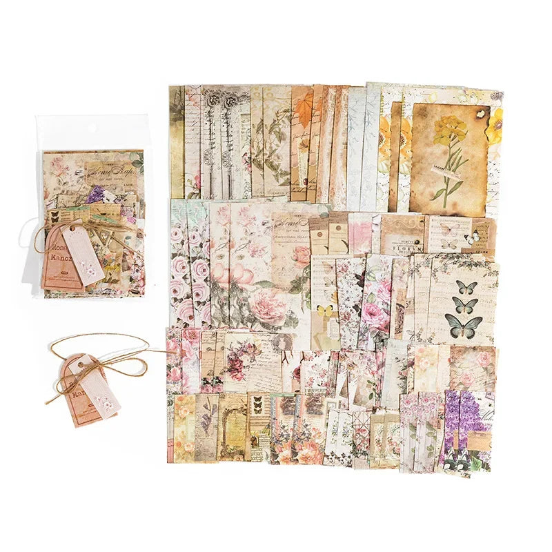 Collection de papier de journal vintage avec éléments floraux et botaniques.