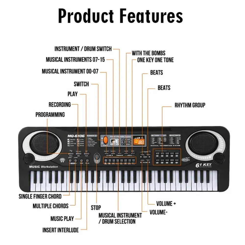 A black electronic piano keyboard labeled MO-6106 with various function buttons and controls.