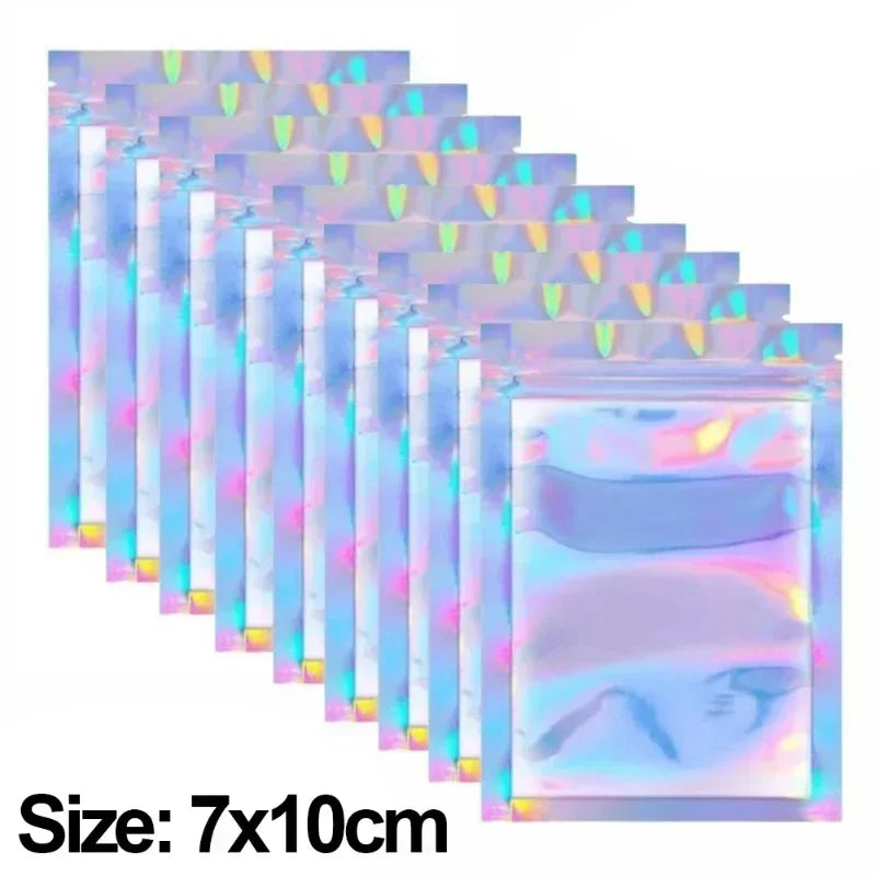 A set of holographic rainbow resealable bags for storing gifts, jewelry, and food items.