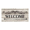 Rustic wooden hanging sign with the word WELCOME carved in elegant script on a weathered wood background.