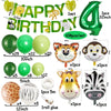 A set of safari jungle balloon garland arch kit featuring green and yellow balloons, palm leaves, and animal shapes.