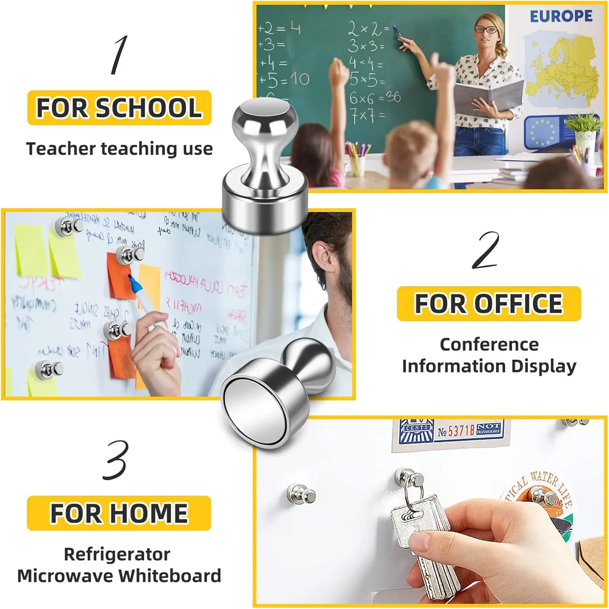Three applications of strong neodymium magnetic pushpins: for school teaching, office conference display, and home whiteboard