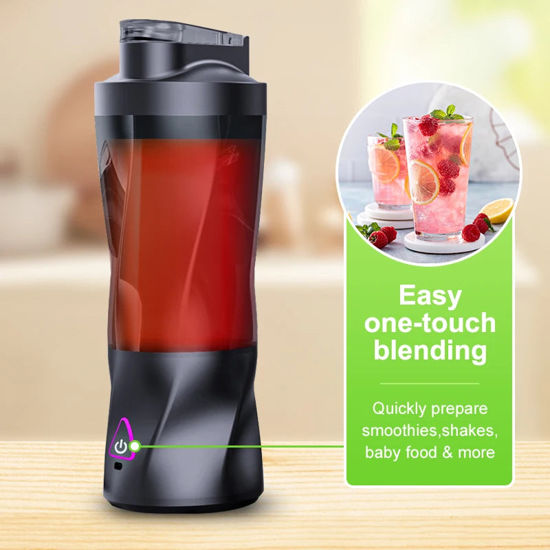 A black portable blender is shown next to colorful fruit smoothies and shakes.