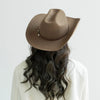 A brown wool cowboy hat with a leather band is shown from the back, worn by a person with long dark hair.