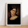 A dark oil painting portrait of a woman with long dark hair looking intensely at the viewer.