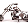 A handcrafted metal motorcycle model with chrome detailing displayed against a white background.