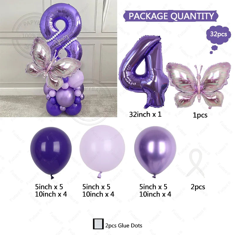 Juego de globos morados con los números 4 y mariposas para fiestas