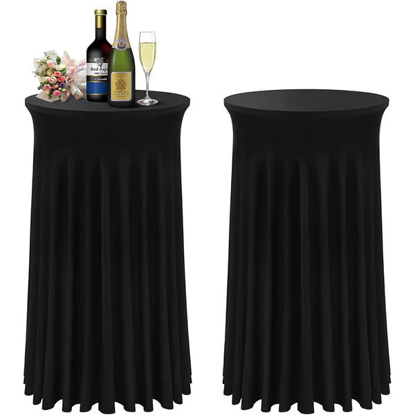 Black stretch spandex cocktail tablecloth with a pleated skirt displaying bottles of wine and a glass