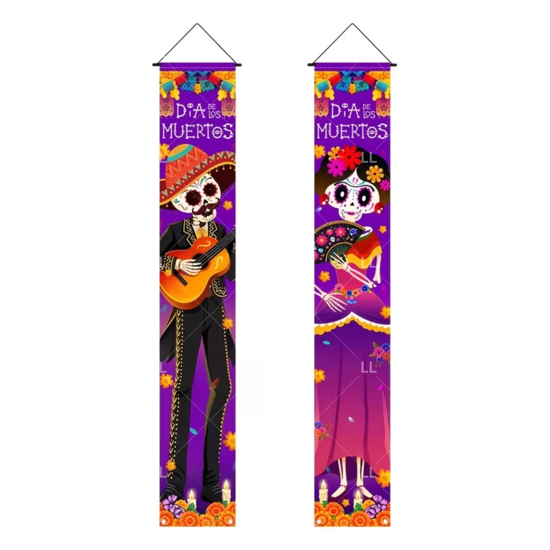 A vertical banner for the Day of the Dead featuring a Mexican skull and floral motifs on purple fabric.