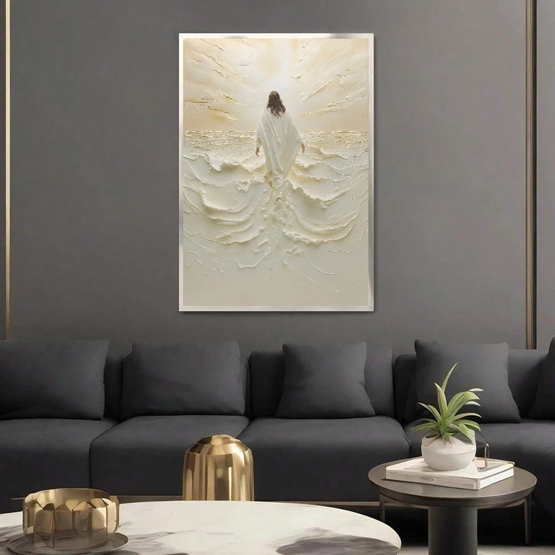 A vertical canvas art print depicting Jesus walking on water with white, textured waves against a bright background.