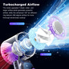A close-up view of a handheld fan demonstrating a turbocharged airflow design with a purple and silver blade.