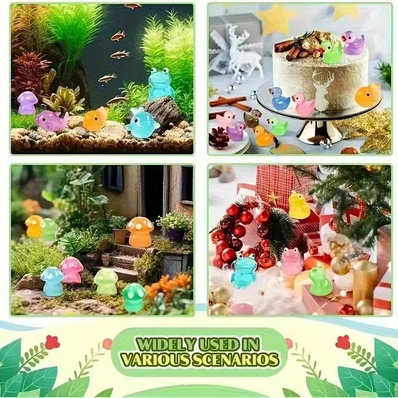 A collection of colorful resin animal figurines, including frogs, birds, and other creatures, displayed in various natural an
