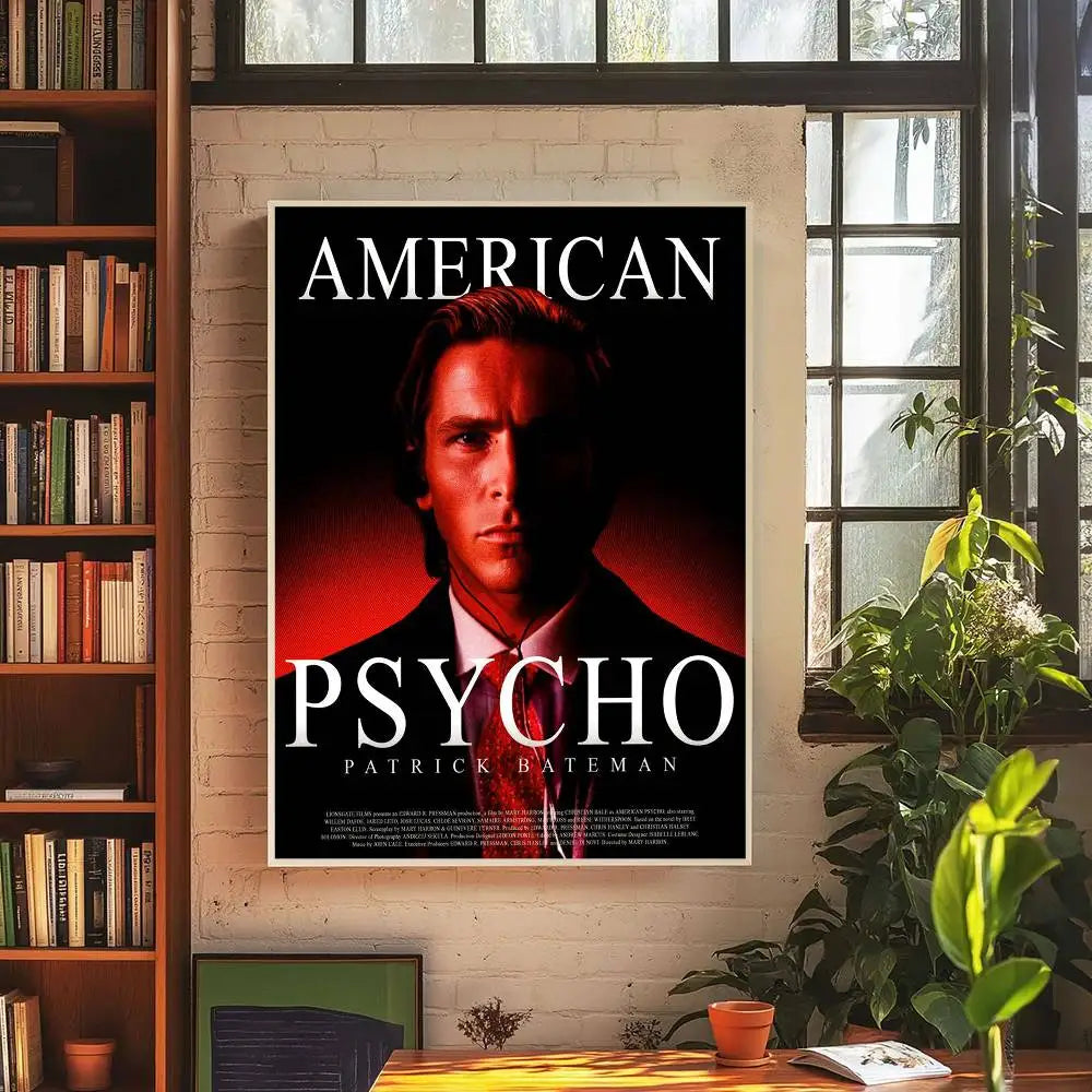 A movie poster for American Psycho featuring actor Patrick Bateman, displayed on a white brick wall.