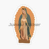 A sticker featuring an image of the Virgin Mary within a decorative oval frame.