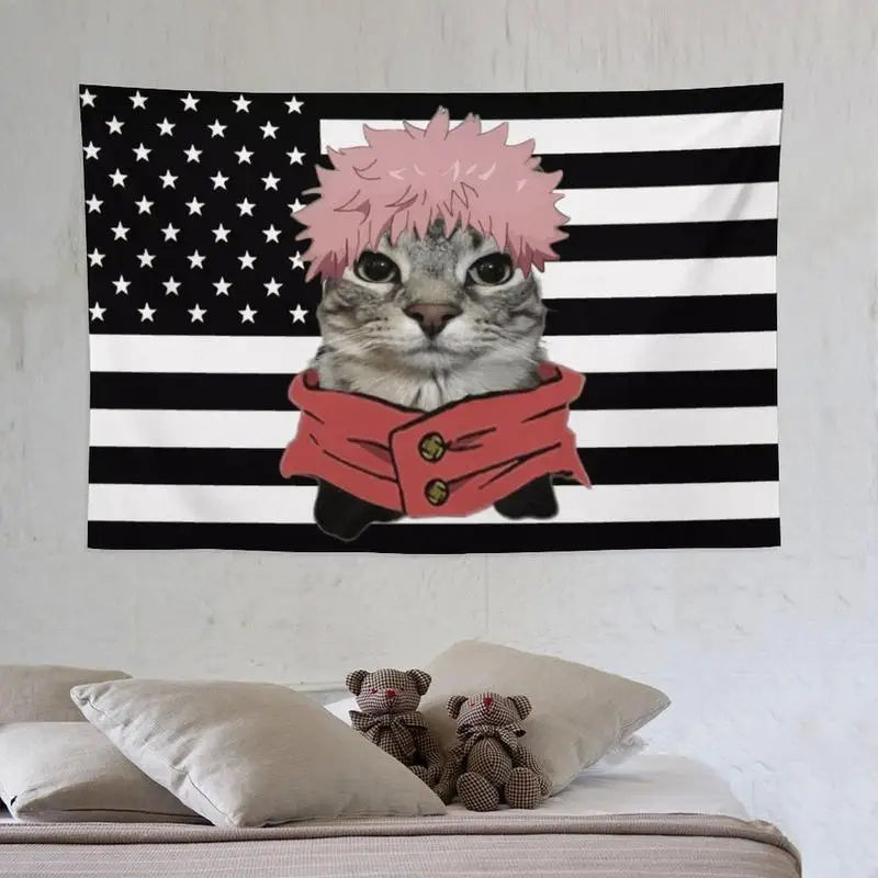 A tapestry featuring a cat with pink hair against an American flag background.
